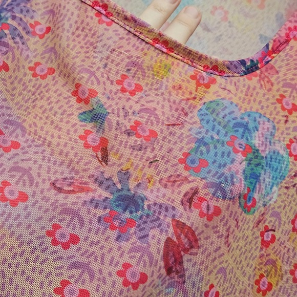 Natural Life Mesh Top Sheer XL Pink Floral Lettuce Edge Boho Whimsygoth Fairy - Picture 6 of 7